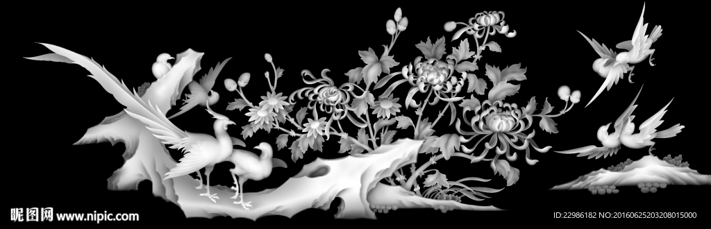 牡丹花花鸟浮雕灰度图