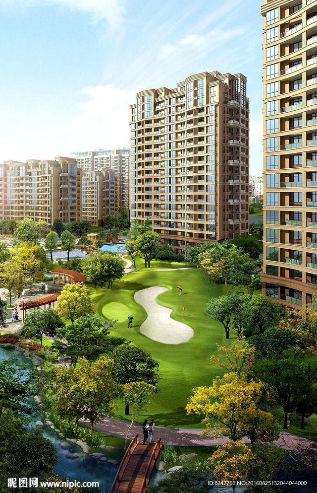 住宅区高尔夫球场半鸟瞰建筑效果