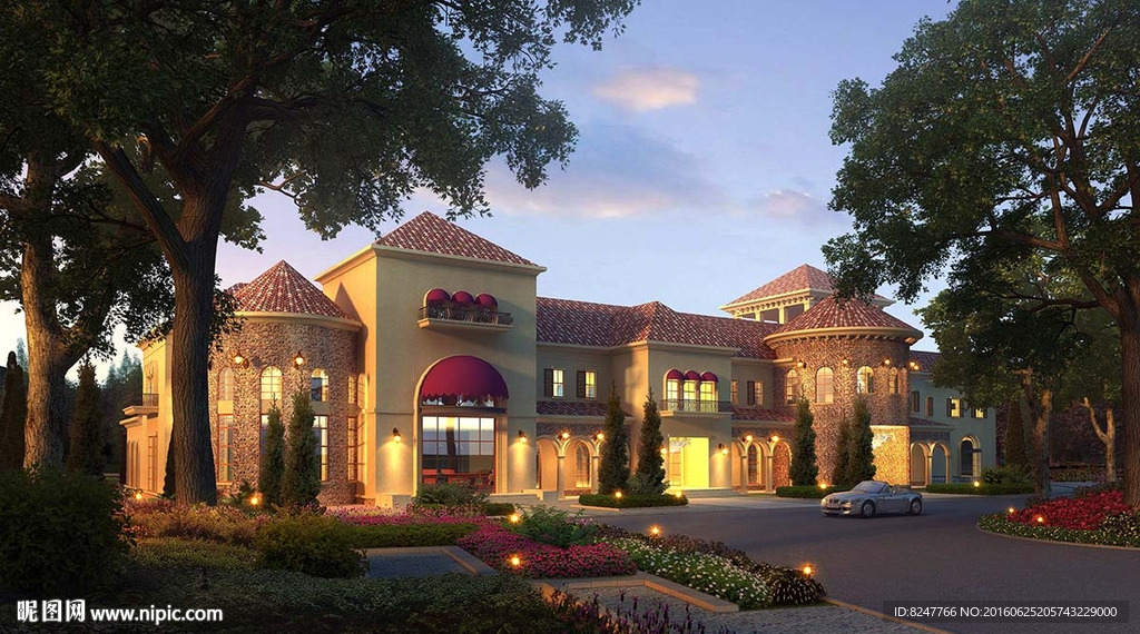 高档酒堡黄昏夜景建筑效果图