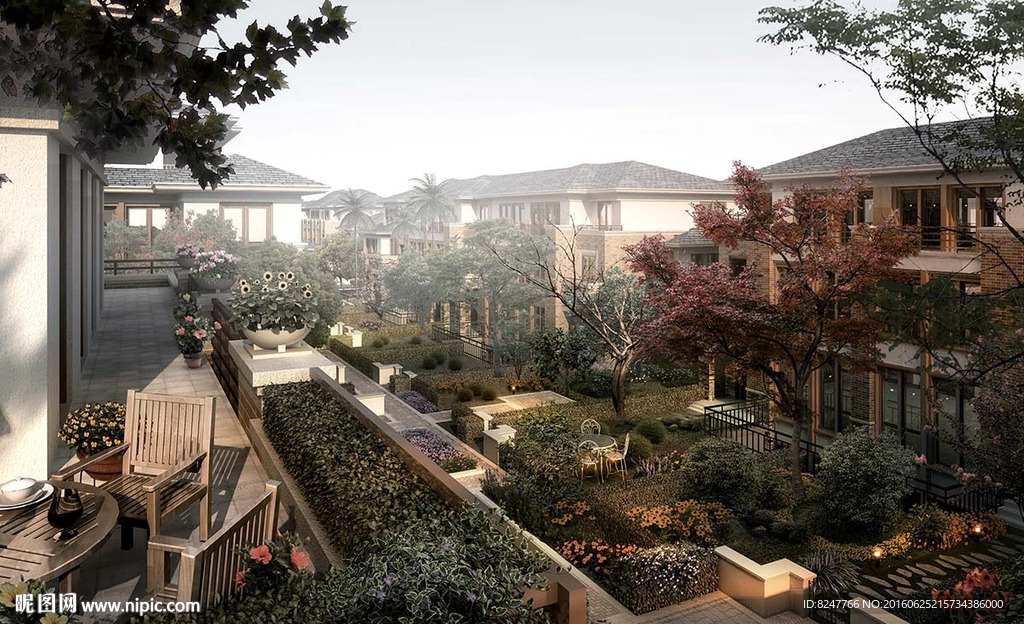 欧洲风格别墅内廷景观建筑效果图