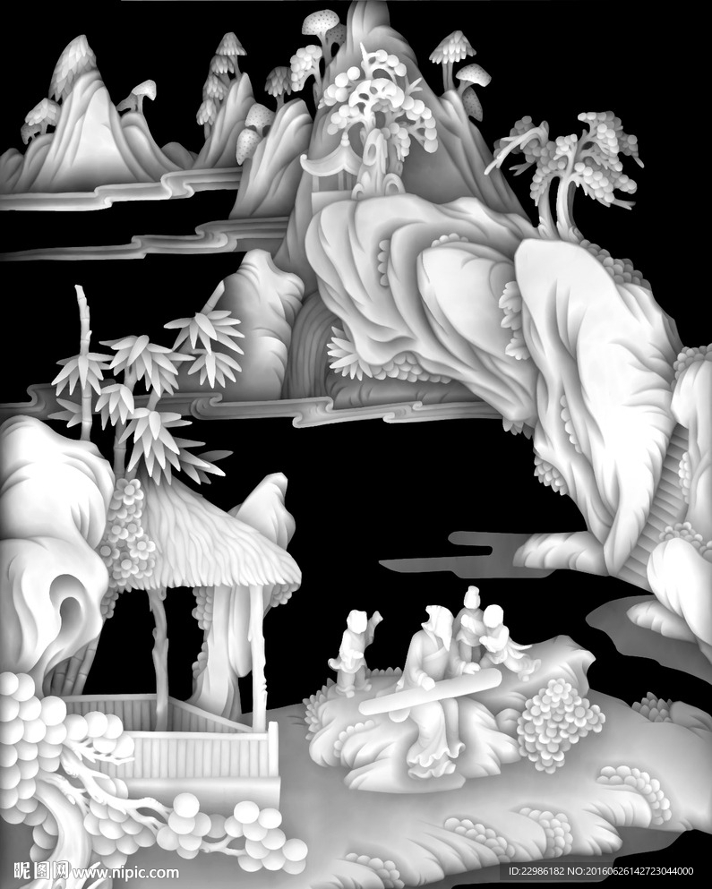 琴棋书画弹琴人物浮雕灰度图