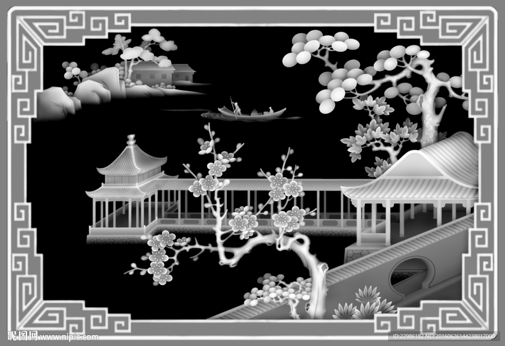 山水梅花房子浮雕灰度图