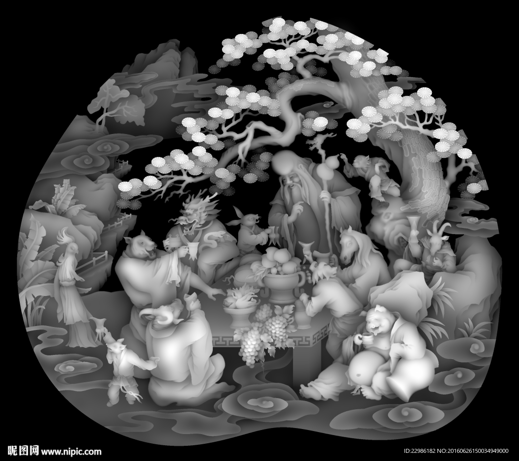十二生肖开会浮雕灰度图