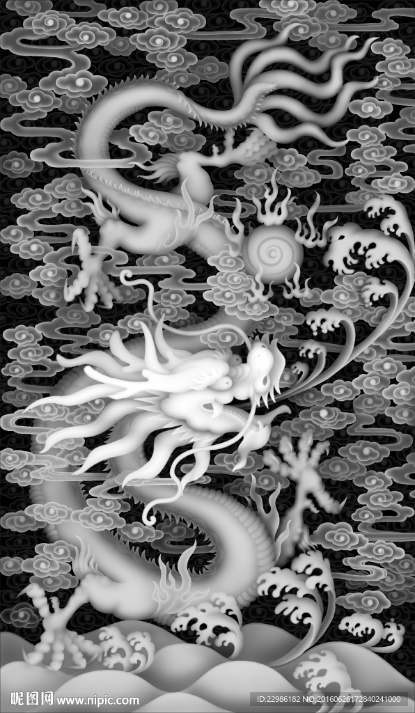 祥云龙侧板柜门浮雕灰度图