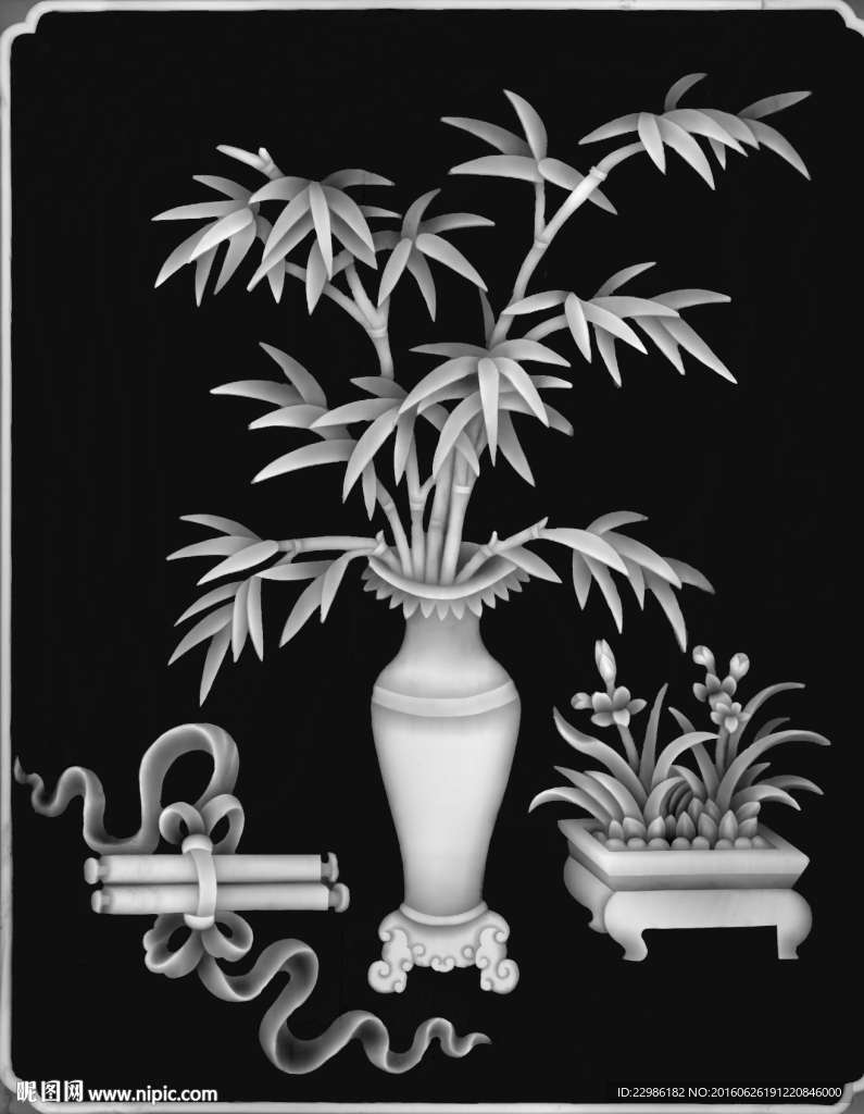 竹子花瓶八宝卷书浮雕灰度图