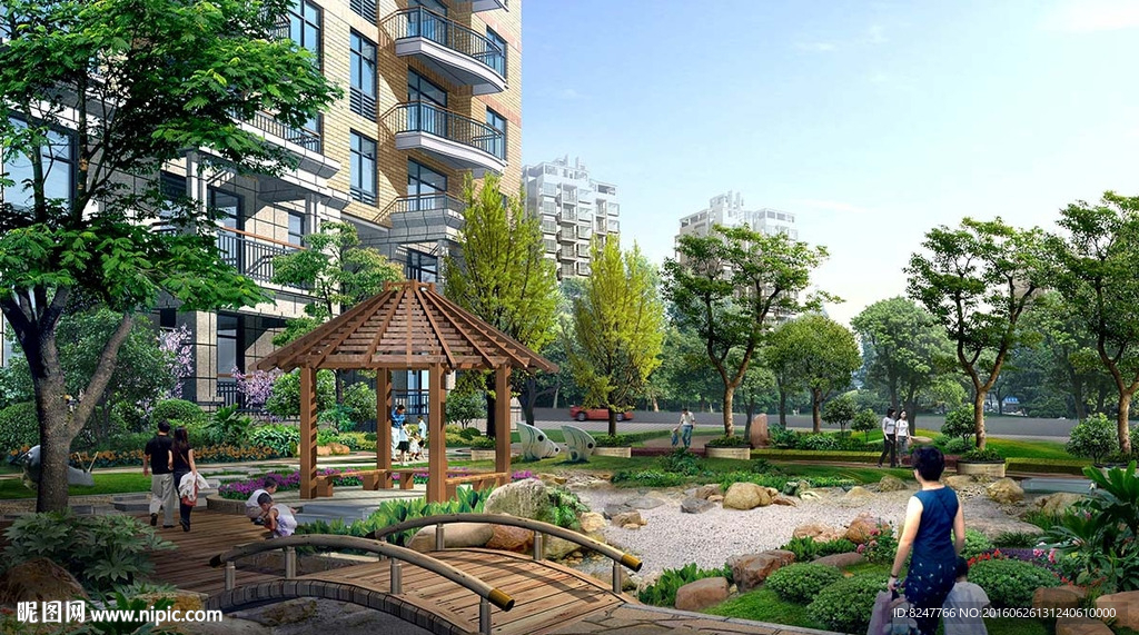 住宅区后花园小桥亭子石头景观效