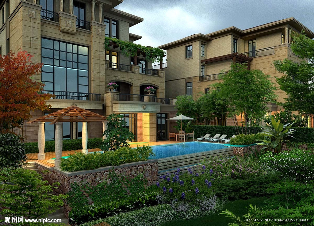 别墅一角内廷泳池小灌木景观效果