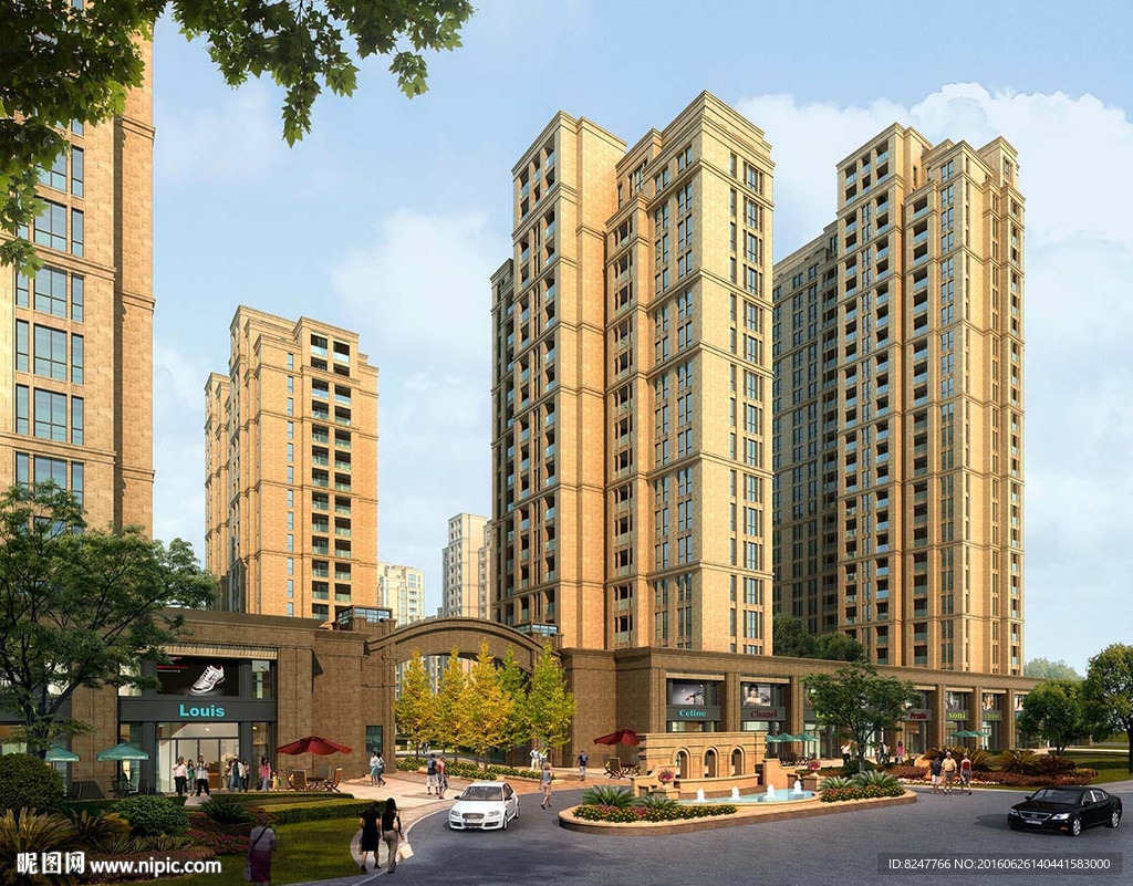 商业住宅楼大门入口建筑效果图