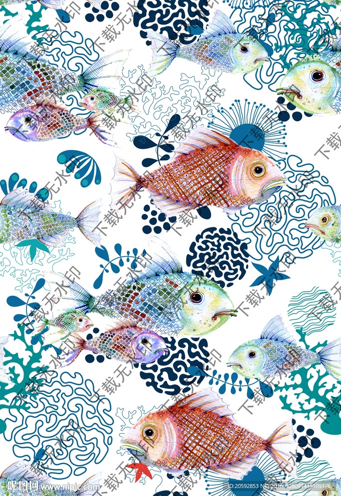 热带鱼水草印花图案