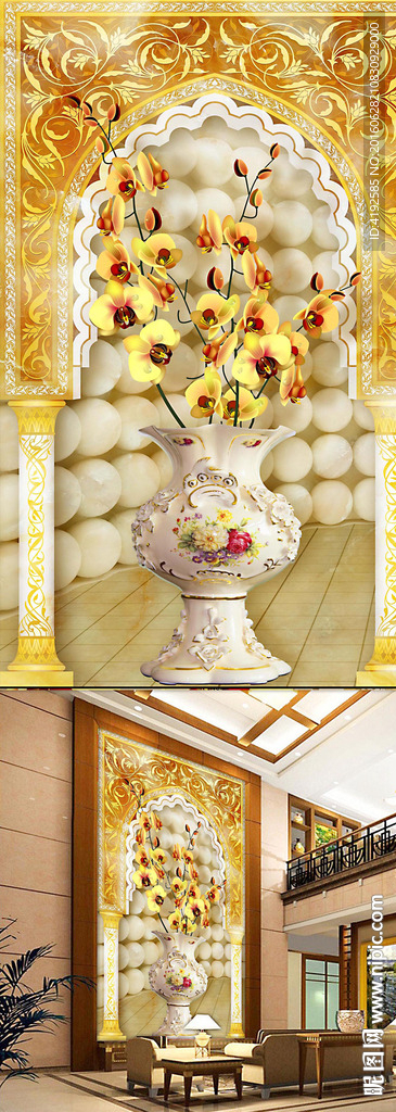 罗马柱蝴蝶兰3D立体玄关背景墙