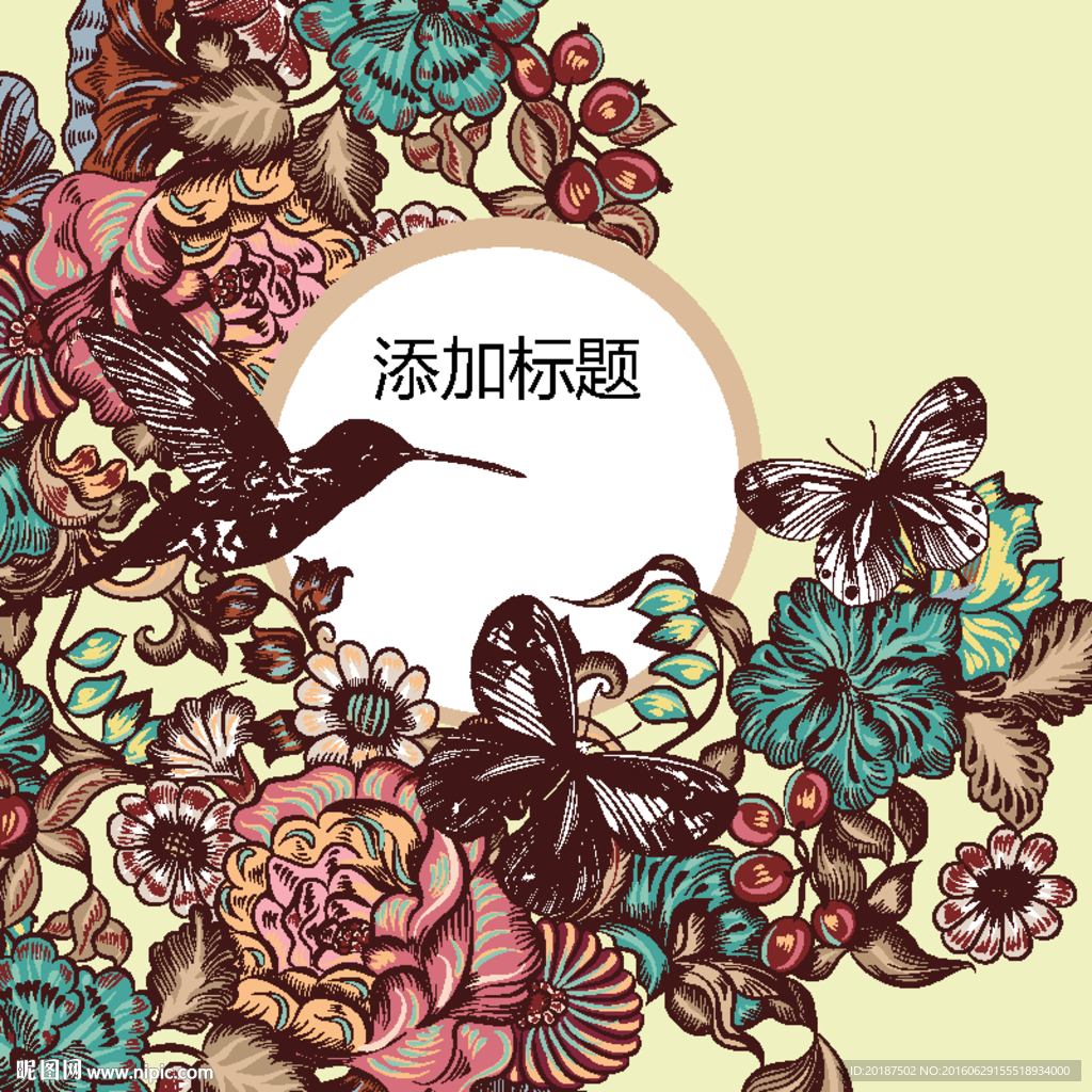 小鸟蝴蝶手绘花卉矢量素材