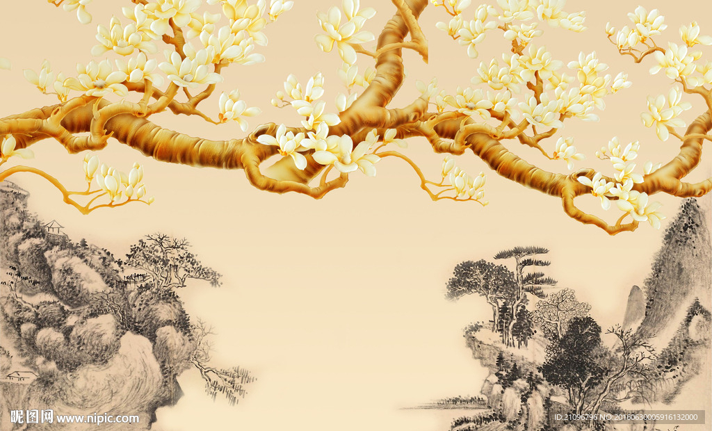 国画玉兰花背景墙