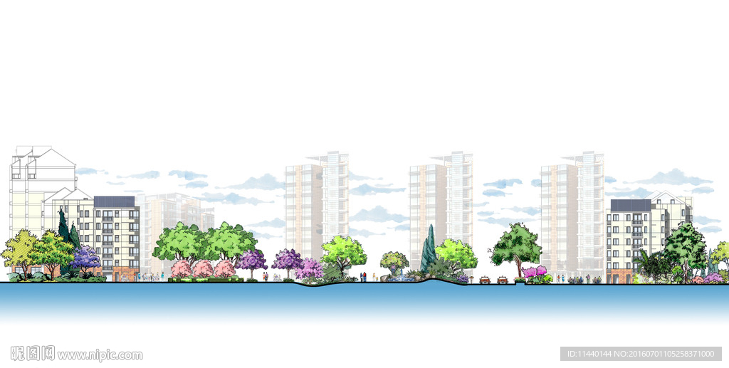 小区景观手绘风格剖面图psd