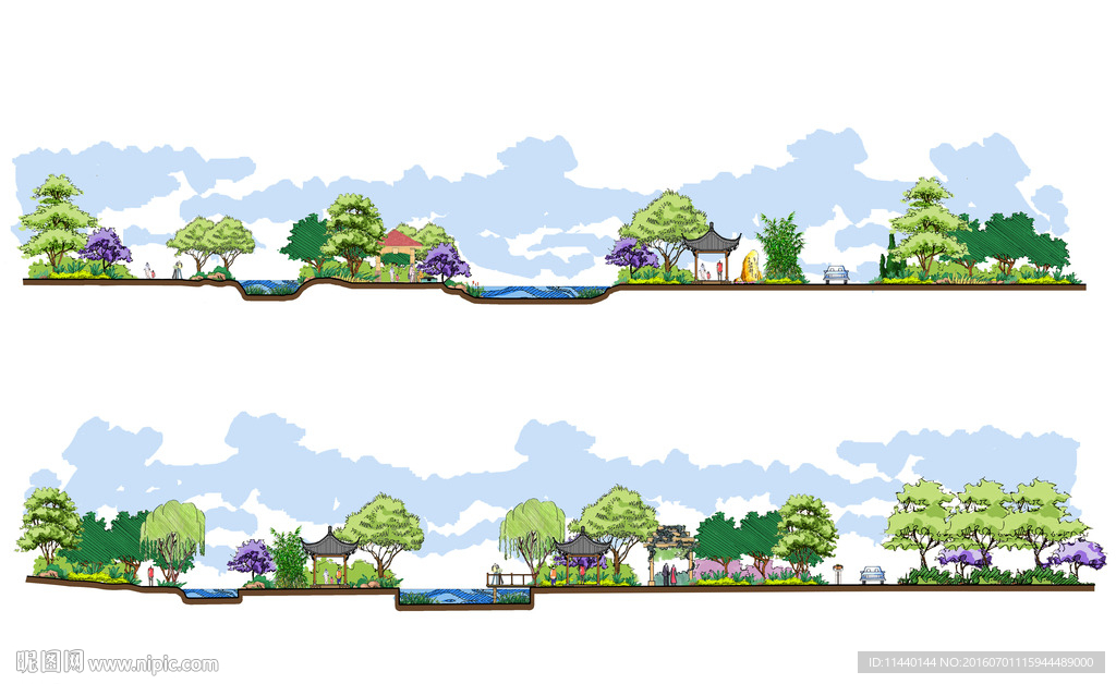 公园景观手绘风格剖面图psd