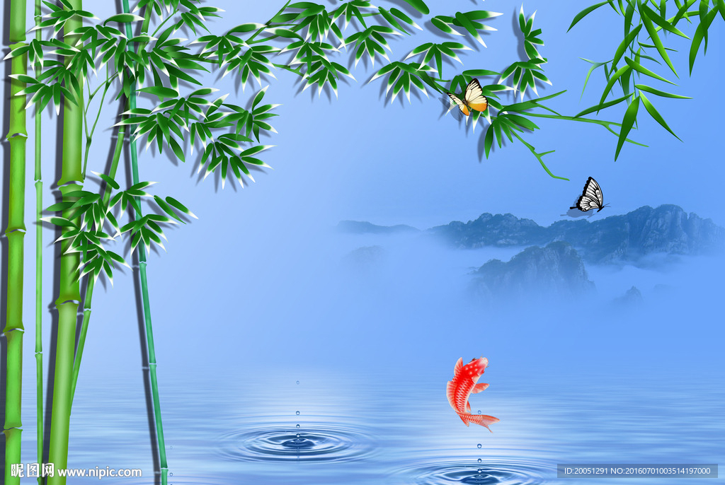 竹子壁画红鲤鱼
