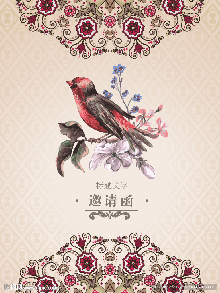 欧式花纹手绘小鸟邀请函矢量