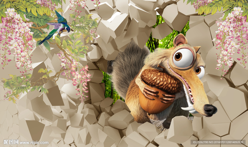 3D立体松鼠风景电视背景墙