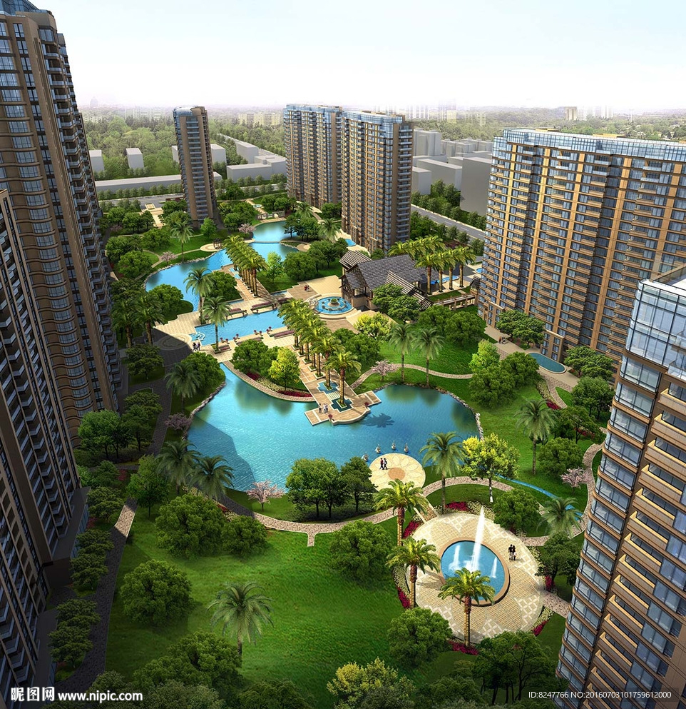 商业住宅内廷小湖水潭鸟瞰建筑效