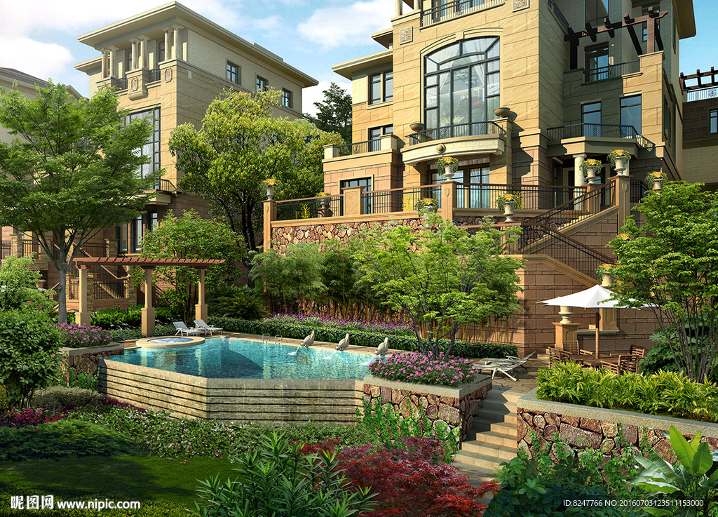 别墅带水池景观效果图一角