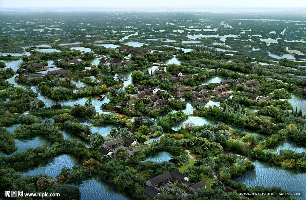 湿地小村庄鸟瞰建筑效果图