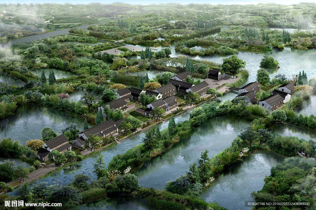 农家乐湿地新农村规划鸟瞰建筑图