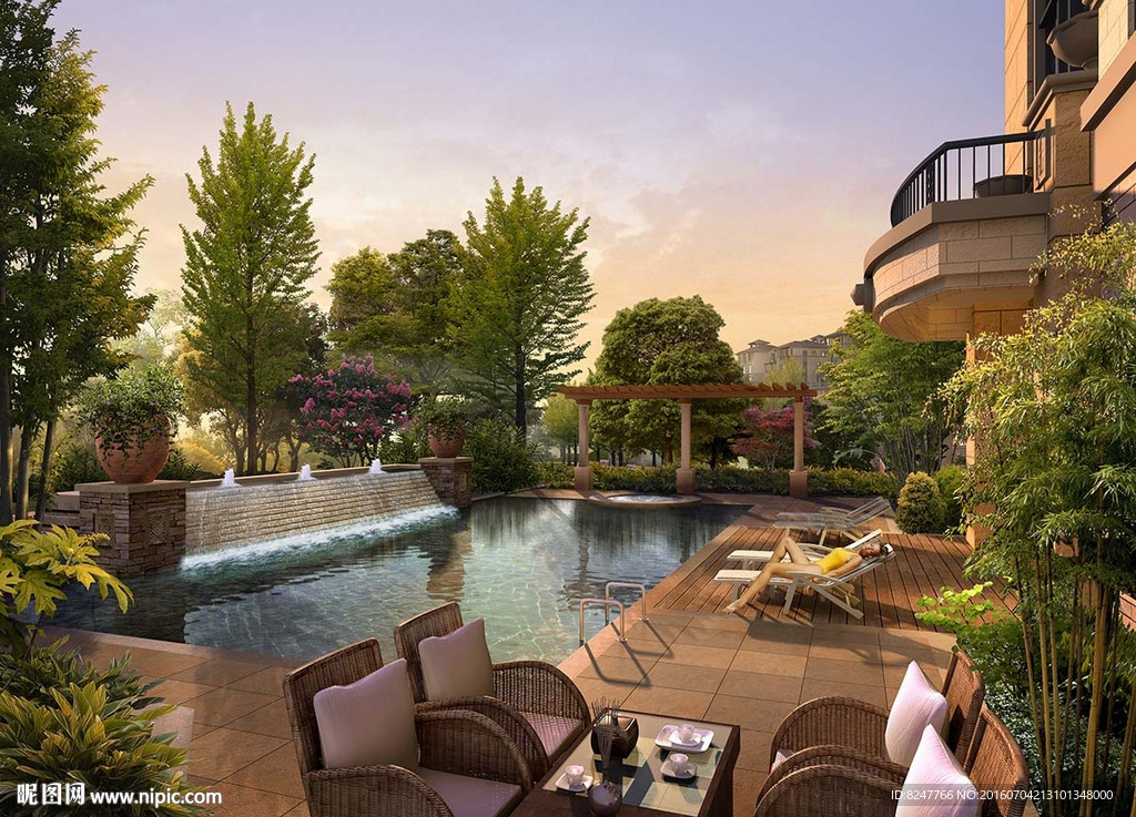 别墅休闲区游泳池一角景观效果图