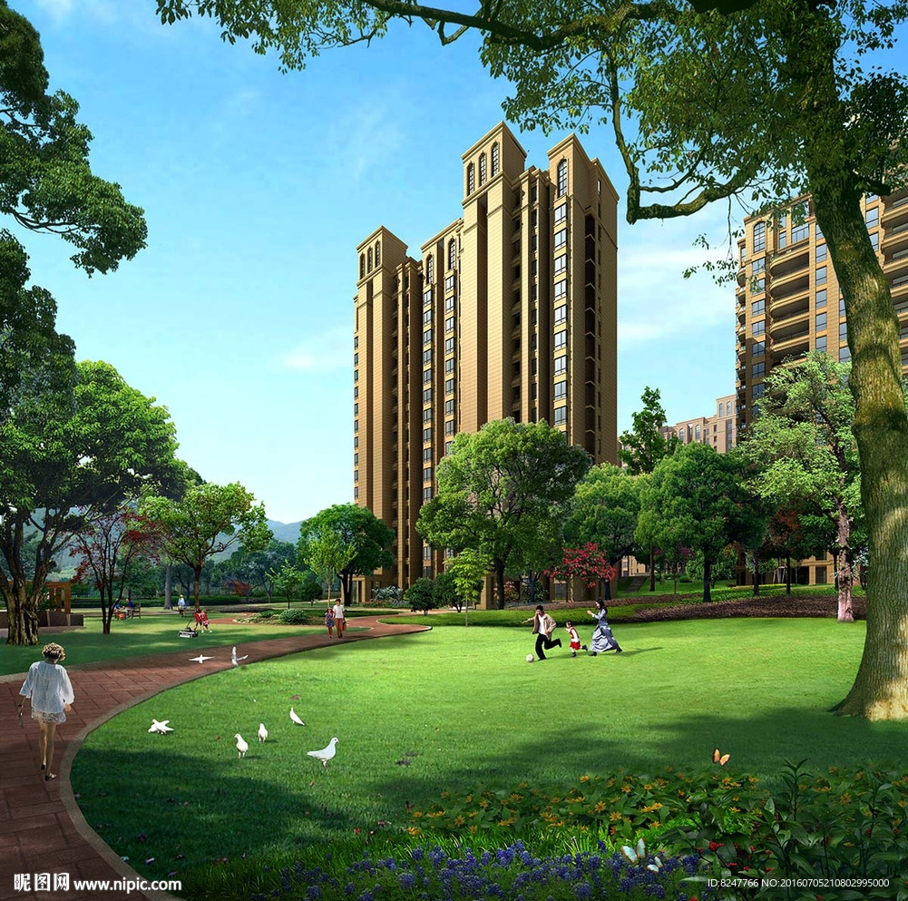 住宅区白天草地绿化景观效果图