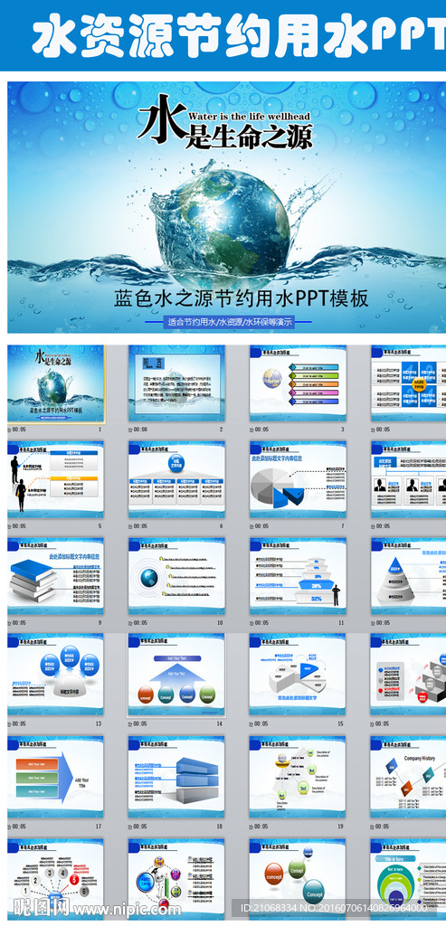 蓝色海洋水之源节约用水PPT