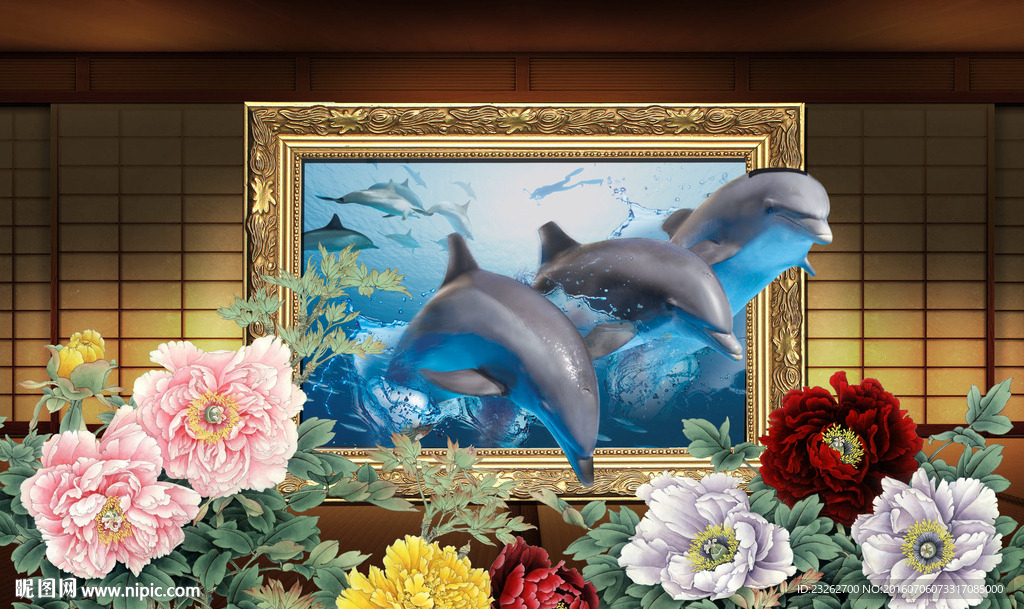 3D立体窗玫瑰海豚背景墙装饰画