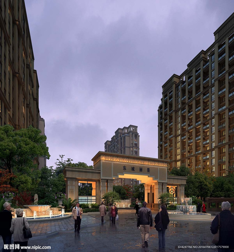 小区入口夜景景观建筑效果图