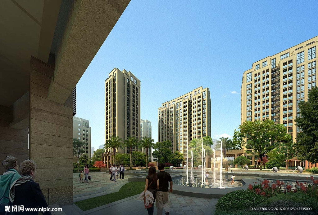 住宅区一角喷泉建筑效果图