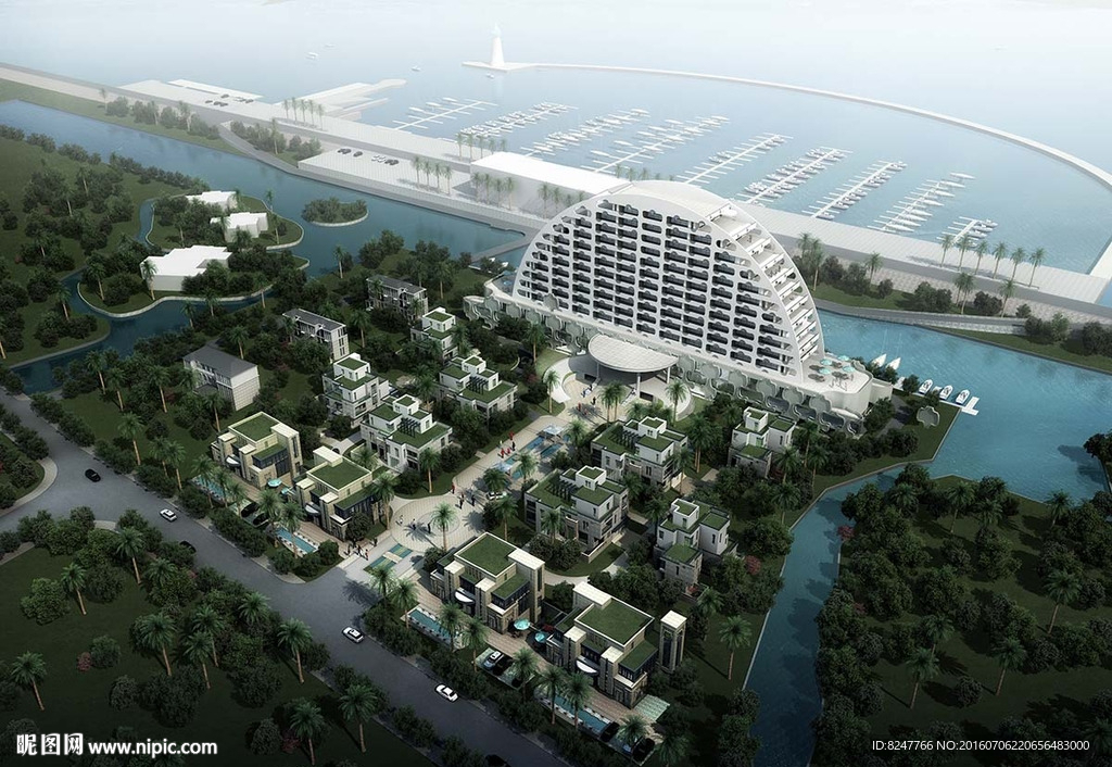 海边白色酒店鸟瞰建筑效果图