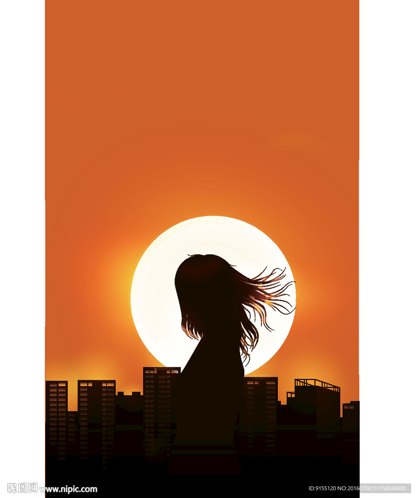 日落城市女孩剪影