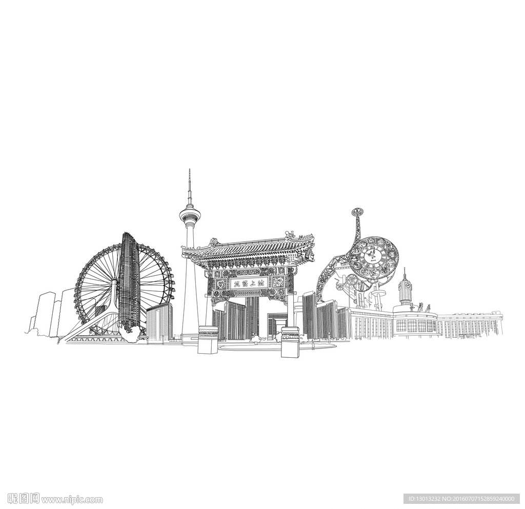 天津  地标建筑线描  矢量