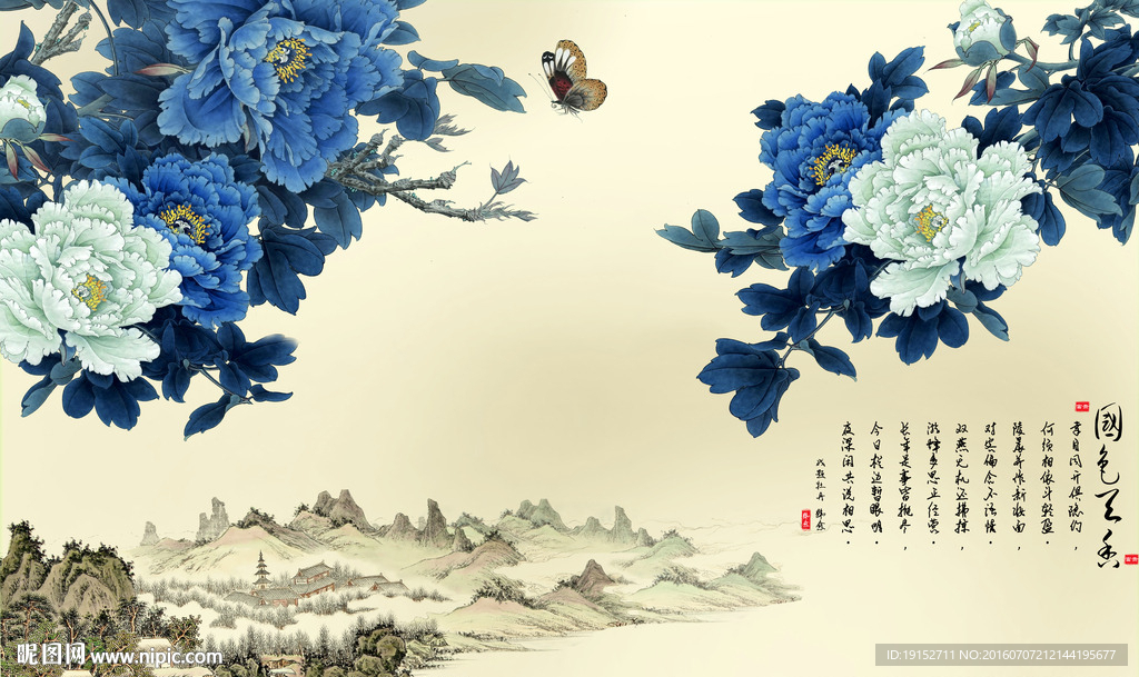 水墨山水牡丹背景