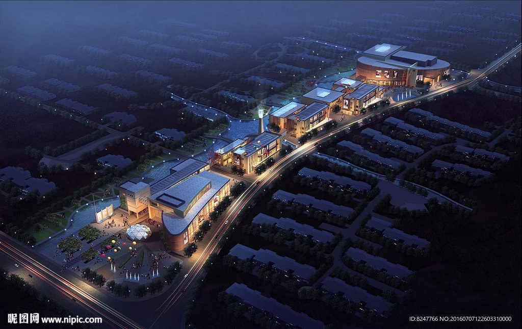 多功能商业街夜景建筑效果图