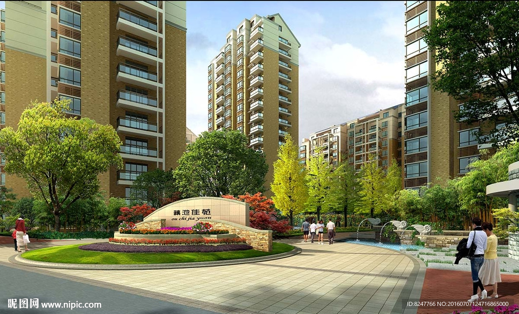 小区门口景观建筑效果图