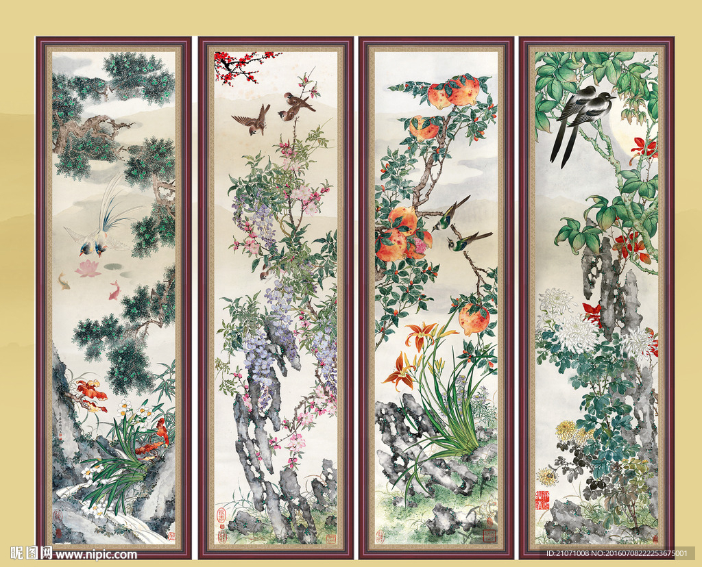 花鸟四屏  四屏风