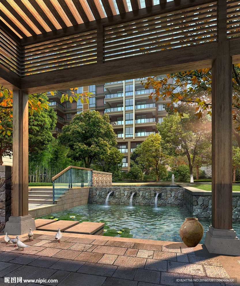 高档小区花园凉亭小湖景观效果图