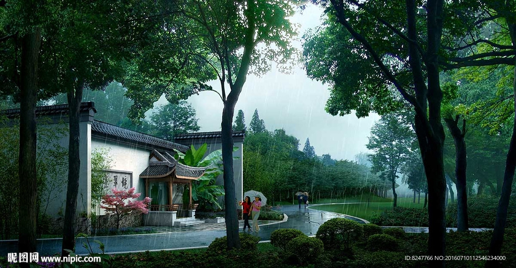 古建筑旅游区雨景景观效果图