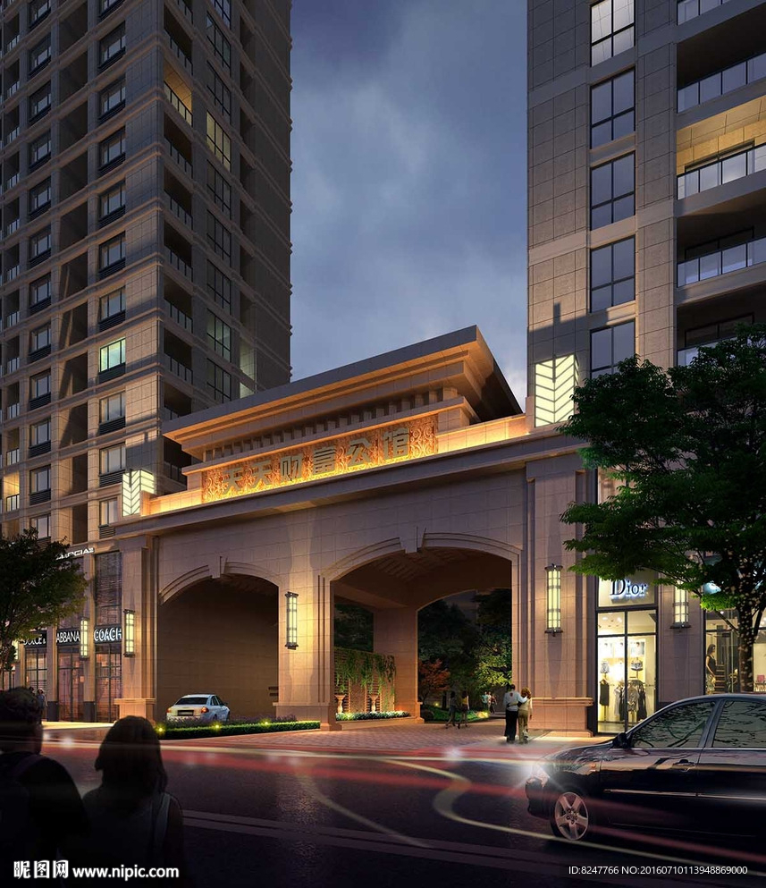 某公馆入口夜景建筑效果图