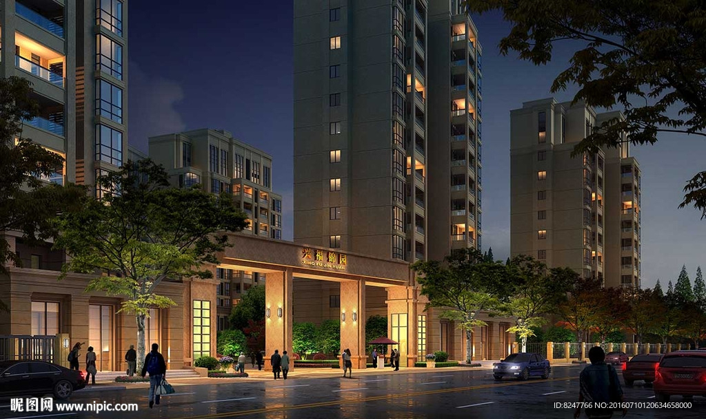 住宅区入口夜景建筑效果图