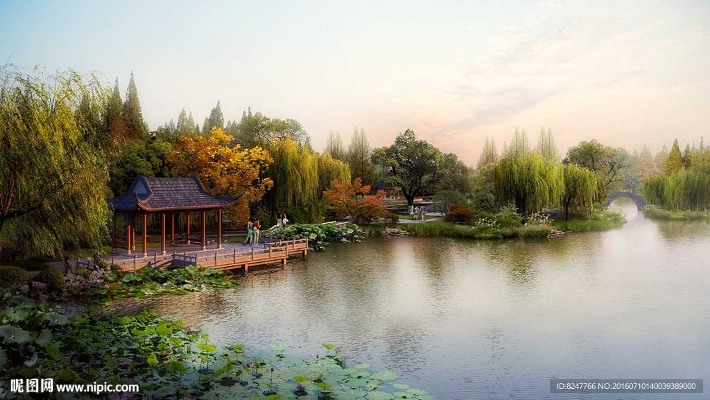 园林公园湖面景色景观效果图