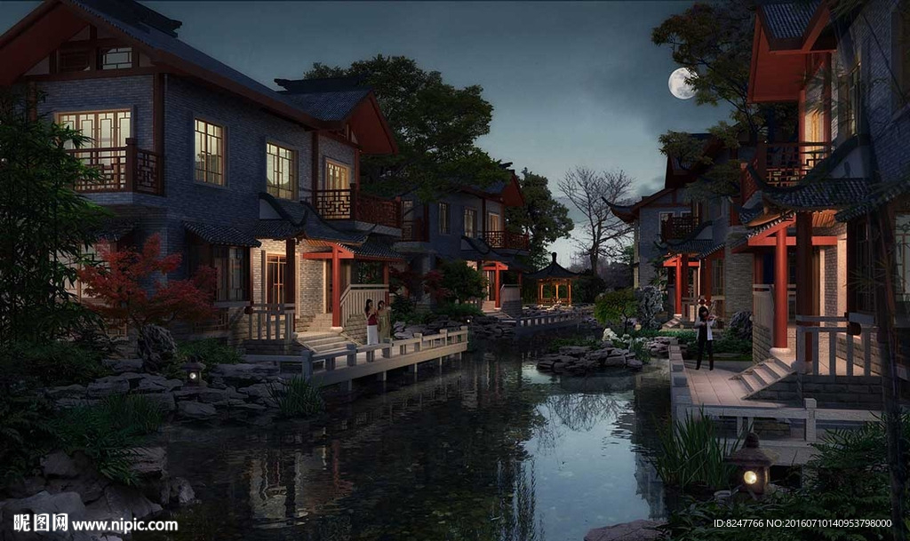 中国风住宅小院夜景景观效果图