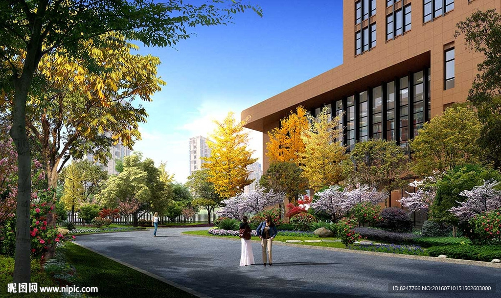 办公楼景观一角效果图