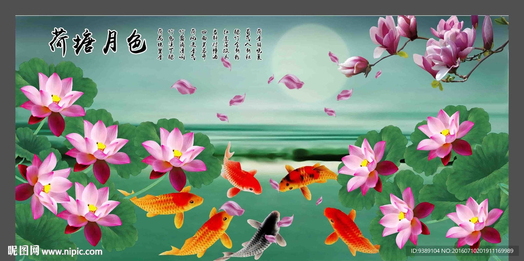 荷花九鱼图