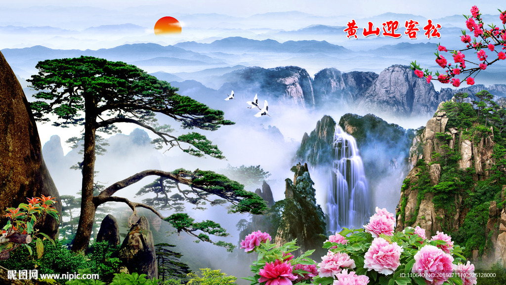 黄山迎客松牡丹