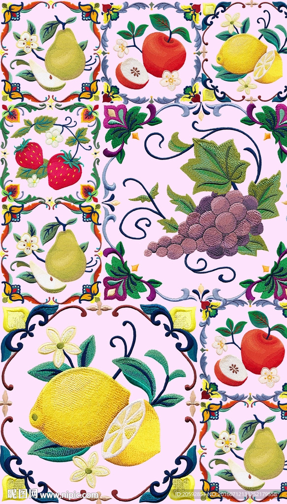 刺绣水果花纹瓷砖块装饰纹样