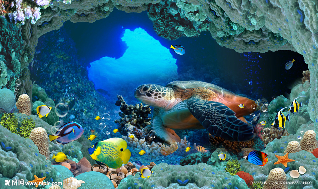 大海龟珊瑚3D立体电视背景墙