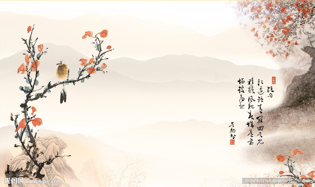 水墨花鸟背景墙（分层）